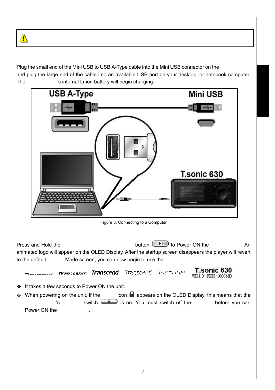 Basic operation, Charging the battery, Power on | Player controls | Transcend Information 630 User Manual | Page 11 / 66