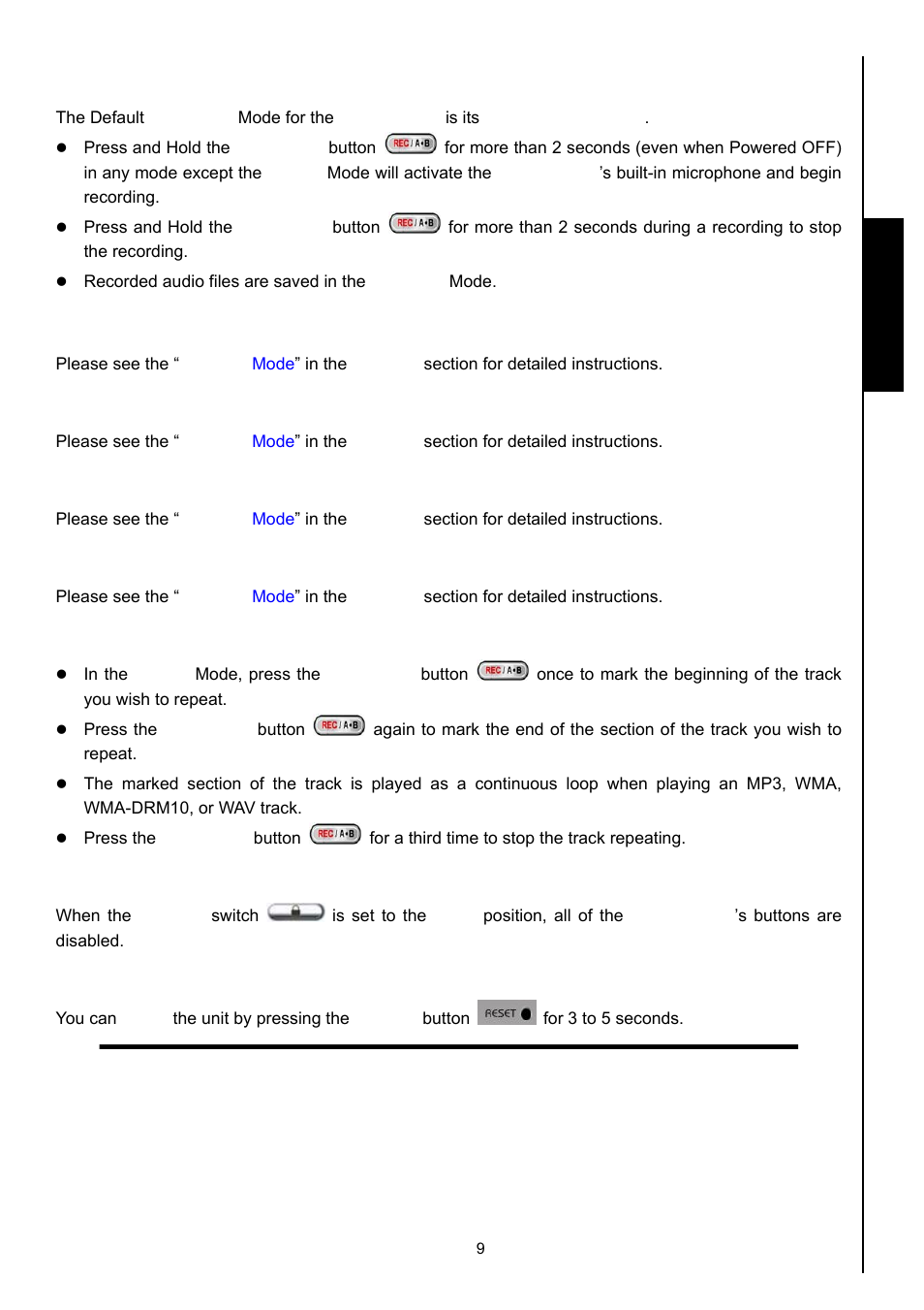 Make an audio recording, Repeat a track, Repeat all tracks | Shuffle: play random tracks, Repeat all tracks in a folder, Lock, Reset the t.sonic, Player controls | Transcend Information 630 User Manual | Page 13 / 66