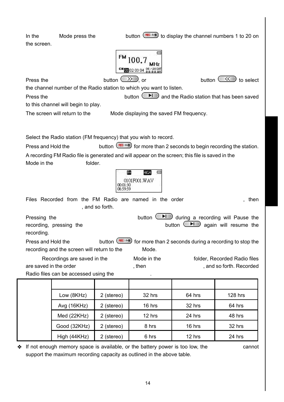 Record mode, Recall a saved station, Record a radio station | Radi o functions record functions | Transcend Information 630 User Manual | Page 18 / 66