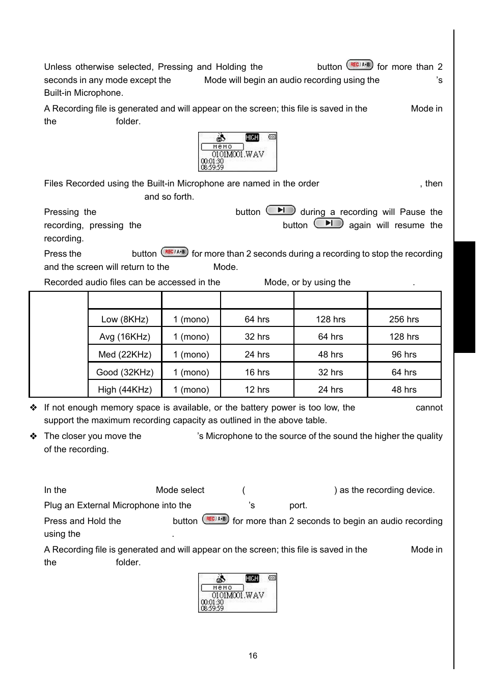 Record using the built-in microphone, Record using the external microphone, Record functions | Transcend Information 630 User Manual | Page 20 / 66
