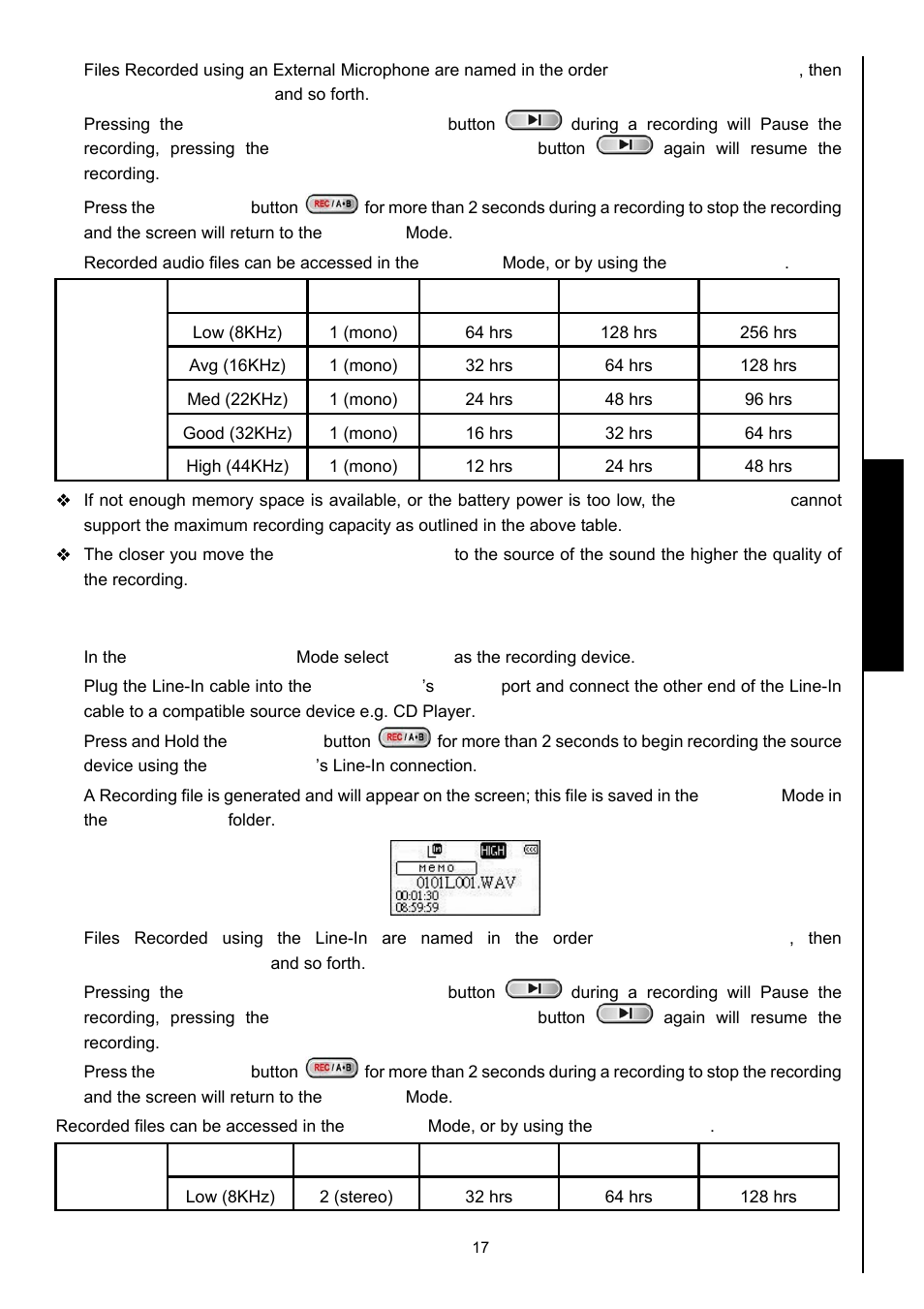 Record using the line-in connection, Record functions | Transcend Information 630 User Manual | Page 21 / 66