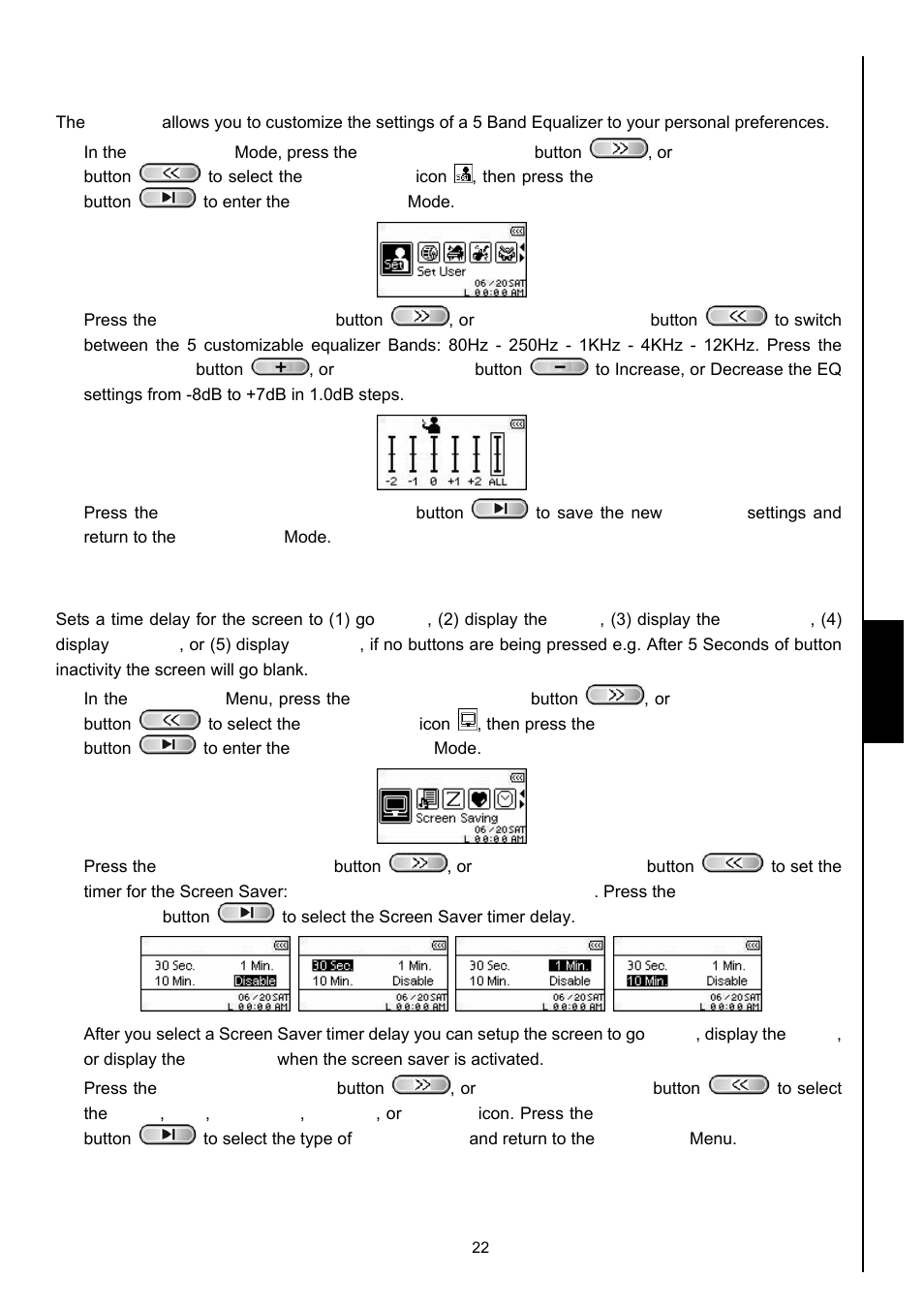 User eq customization, Screen saver, Setti ng s | Transcend Information 630 User Manual | Page 26 / 66