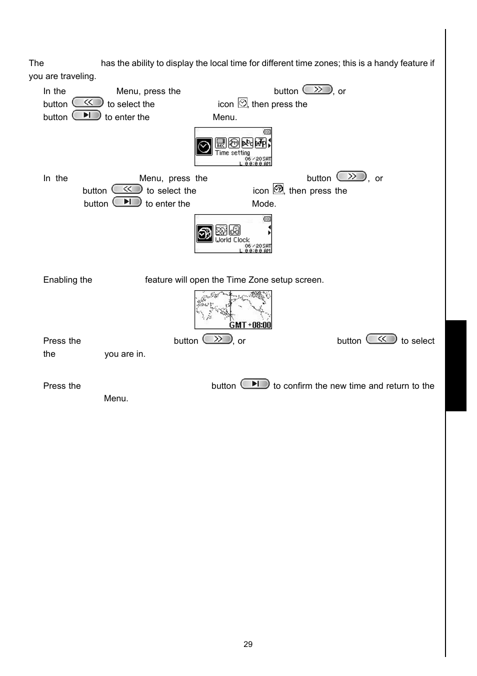 World time, Time settings | Transcend Information 630 User Manual | Page 33 / 66