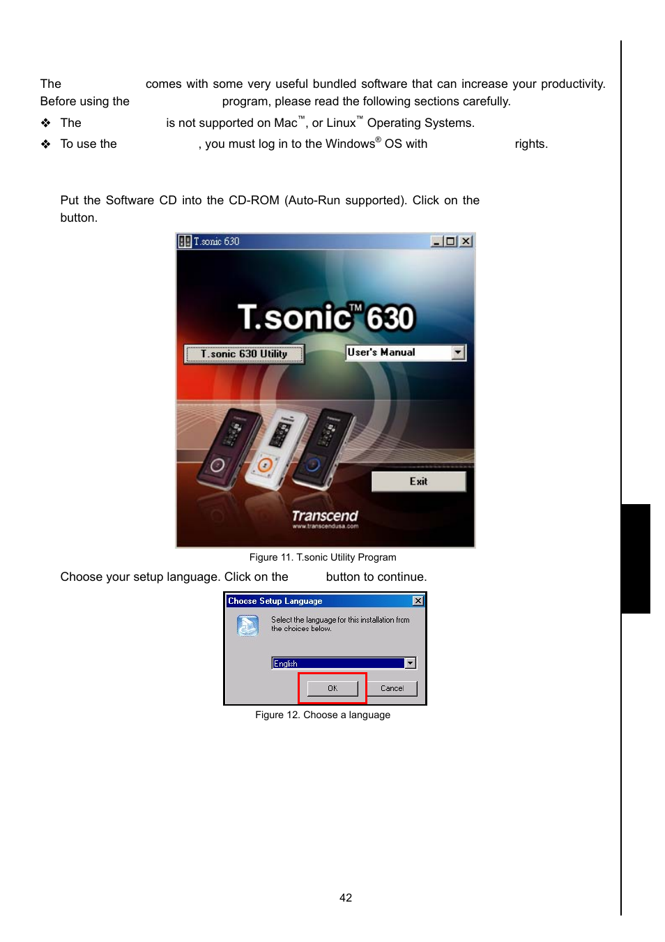 T.sonic, Utility software, Installing the t.sonic utility program | T.sonic utility | Transcend Information 630 User Manual | Page 46 / 66
