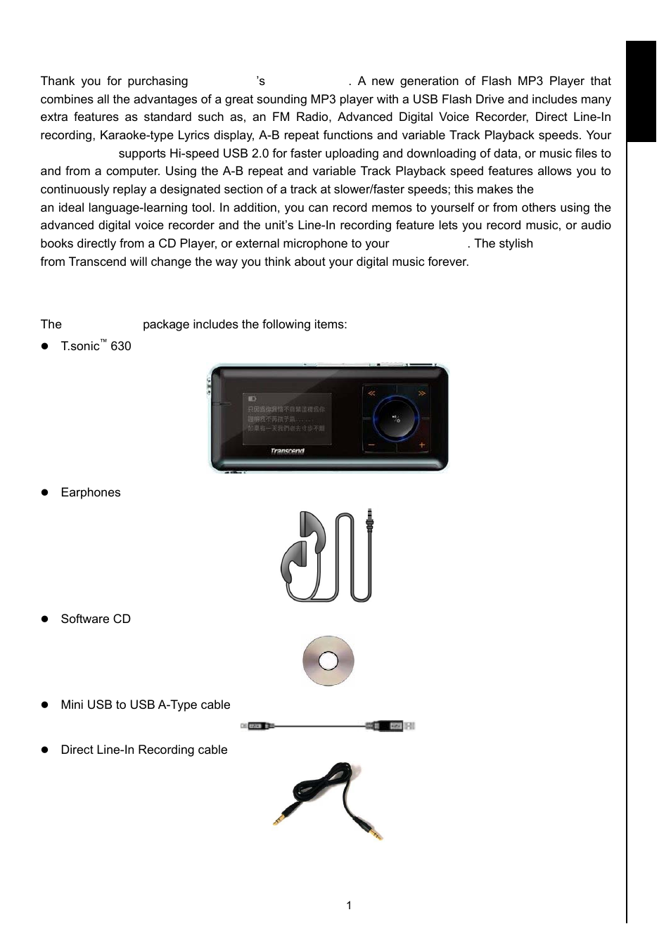 Introduction, Package contents, Introduct ion | Transcend Information 630 User Manual | Page 5 / 66
