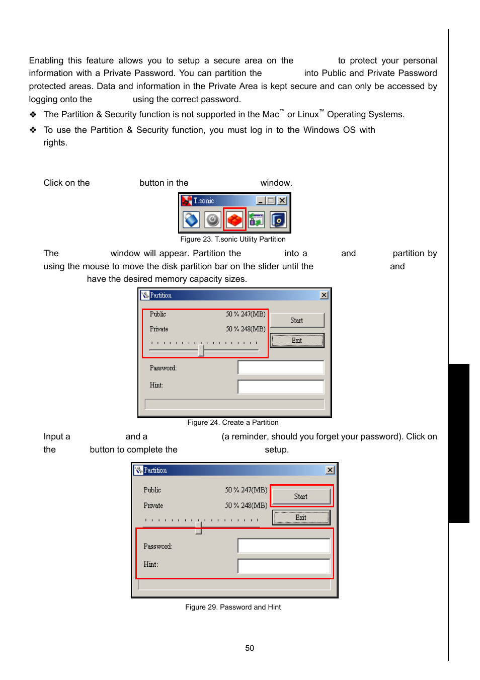 Partition & security function, Enable the security function in windows, Me, 2000 and xp | Transcend Information 630 User Manual | Page 54 / 66