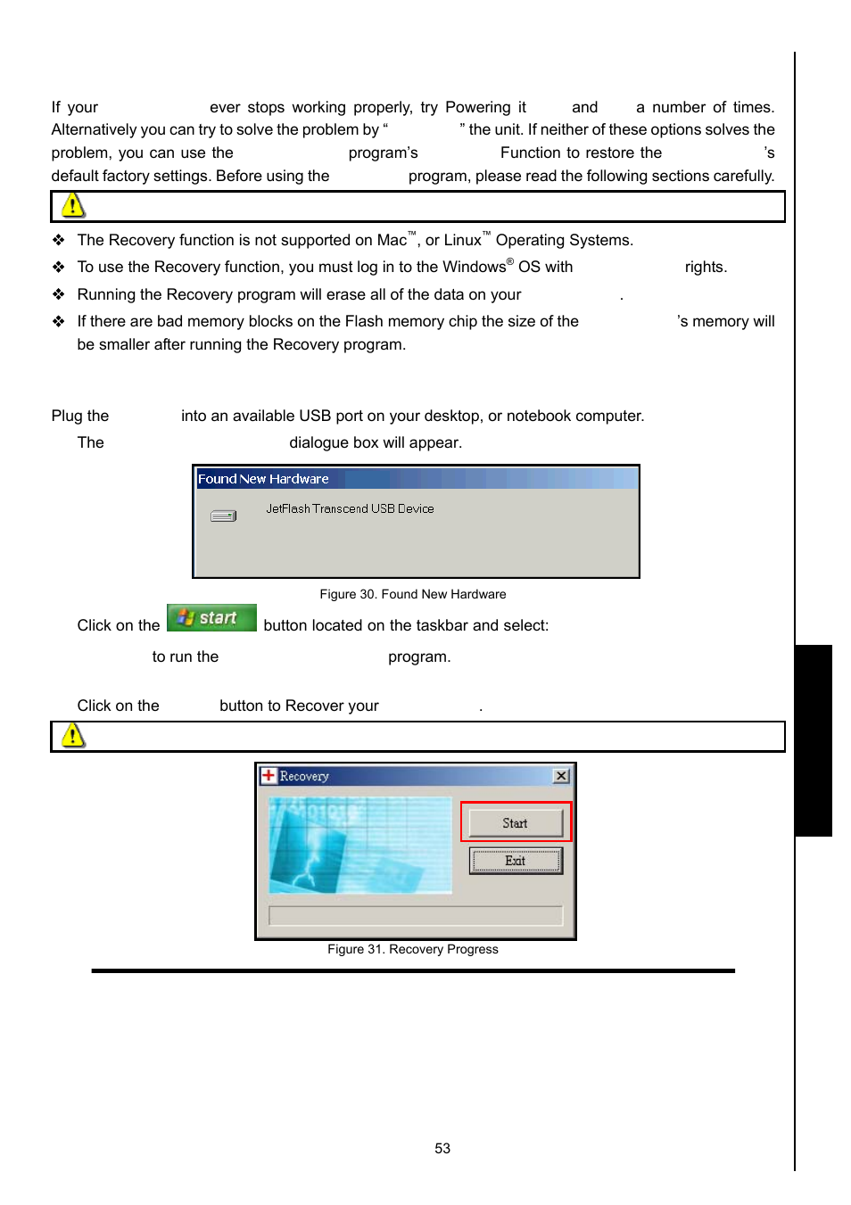 Restoring factory defaults, Recover the t.sonic, 630 in windows | Me, 2000 and xp, Recovery function recovery function | Transcend Information 630 User Manual | Page 57 / 66