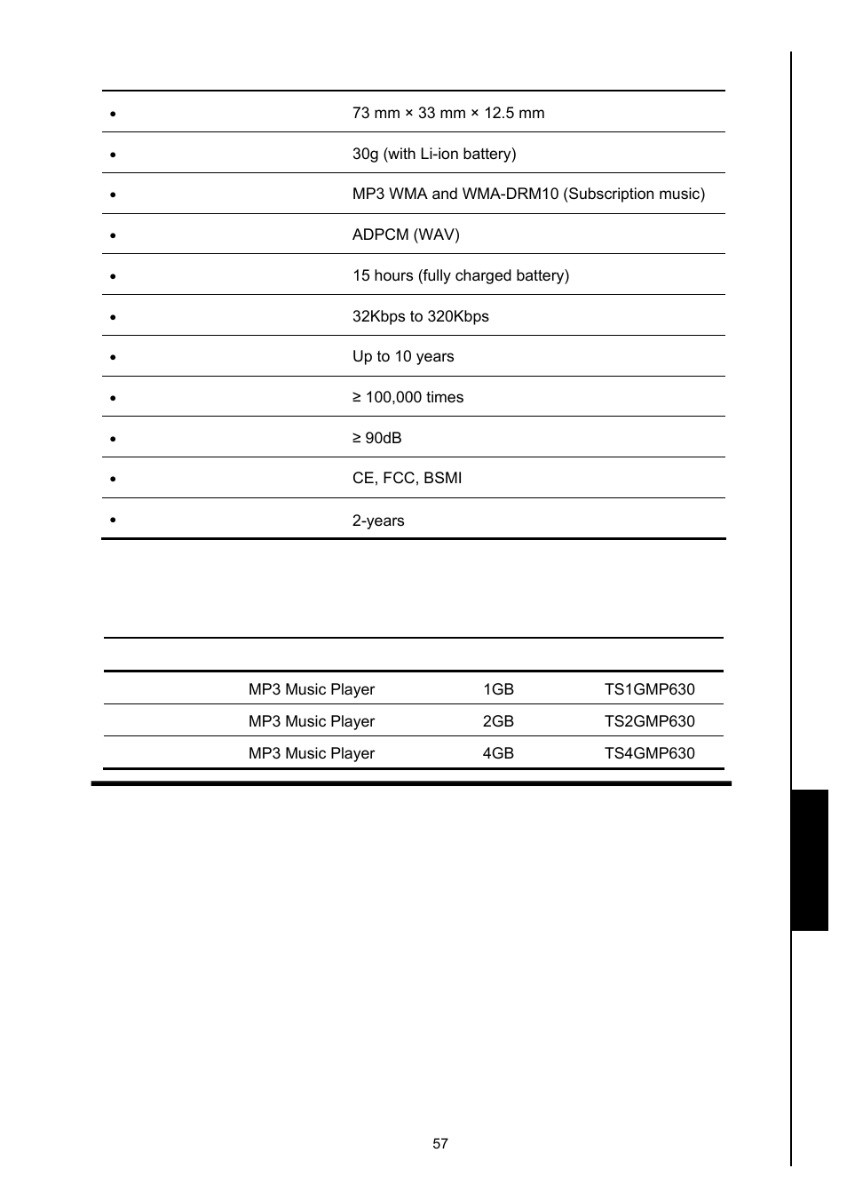 Specifications, Ordering information | Transcend Information 630 User Manual | Page 61 / 66