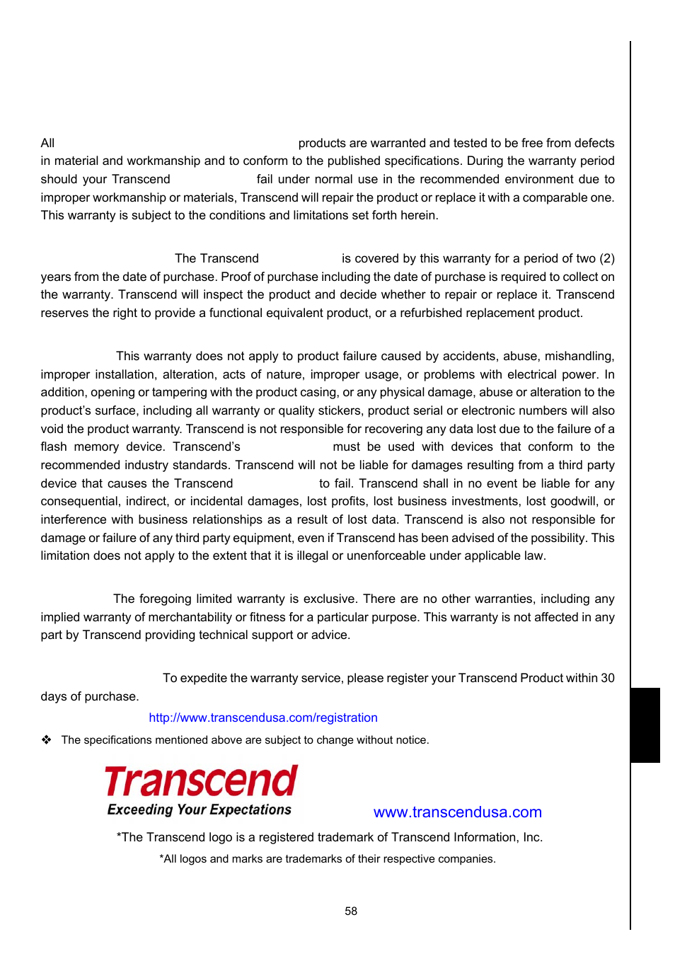 Transcend limited warranty, Transcend information, inc, Warranty | Transcend Information 630 User Manual | Page 62 / 66
