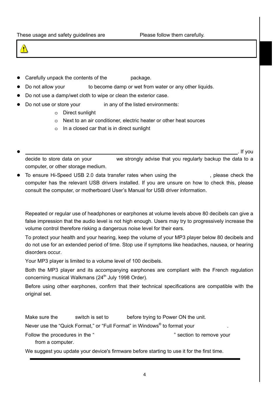 Safety precautions, General use, Backing up data | Caution: risk of deafness, Reminders, Safety | Transcend Information 630 User Manual | Page 8 / 66