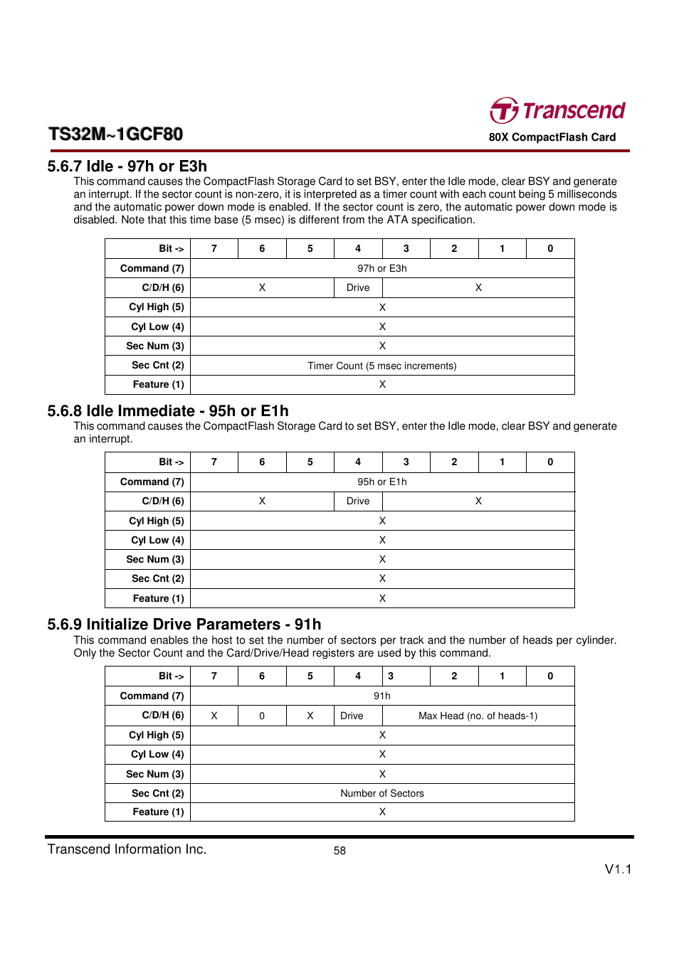 7 idle - 97h or e3h, 8 idle immediate - 95h or e1h, 9 initialize drive parameters - 91h | Transcend Information Transcend CF 80X TS32M~1GCF80 User Manual | Page 58 / 82
