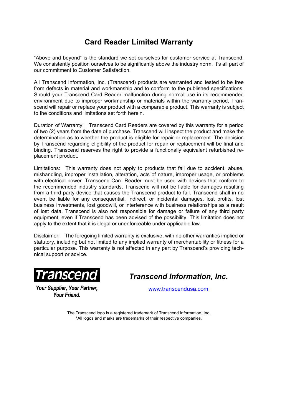 Card reader limited warranty, Transcend information, inc | Transcend Information TS0MFLRD6E User Manual | Page 15 / 15