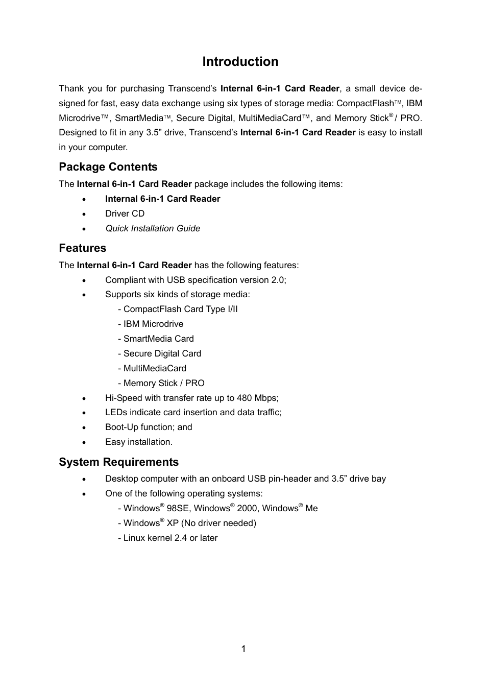 Introduction, Package contents features system requirements, Package contents | Features, System requirements | Transcend Information TS0MFLRD6E User Manual | Page 3 / 15