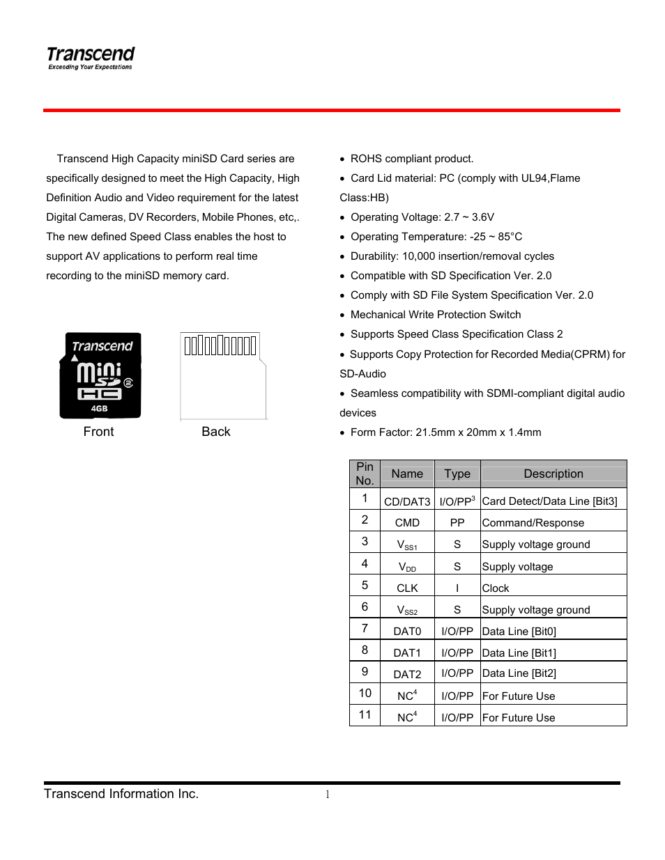 Transcend Information miniSDHC Card Series User Manual | 27 pages