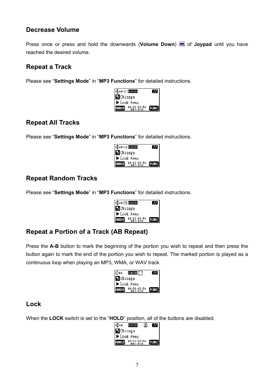 Decrease volume, Repeat a track, Repeat all tracks | Repeat random tracks, Repeat a portion of a track (ab repeat), Lock | Transcend Information T.sonicTM 612 User Manual | Page 10 / 39