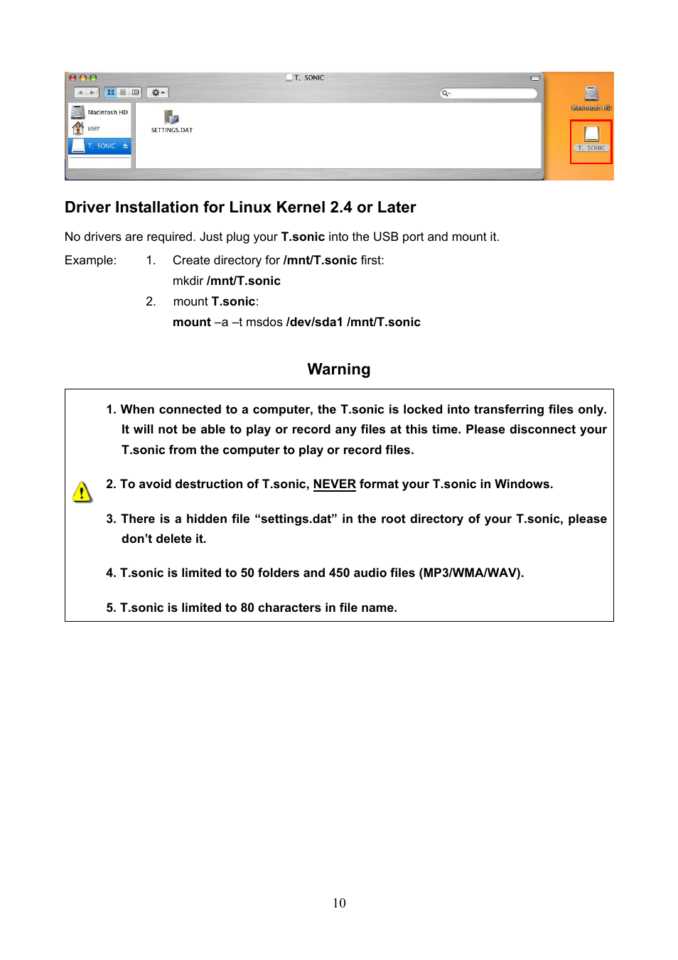 Driver installation for linux kernel 2.4 or later, Warning | Transcend Information T.sonicTM 612 User Manual | Page 13 / 39