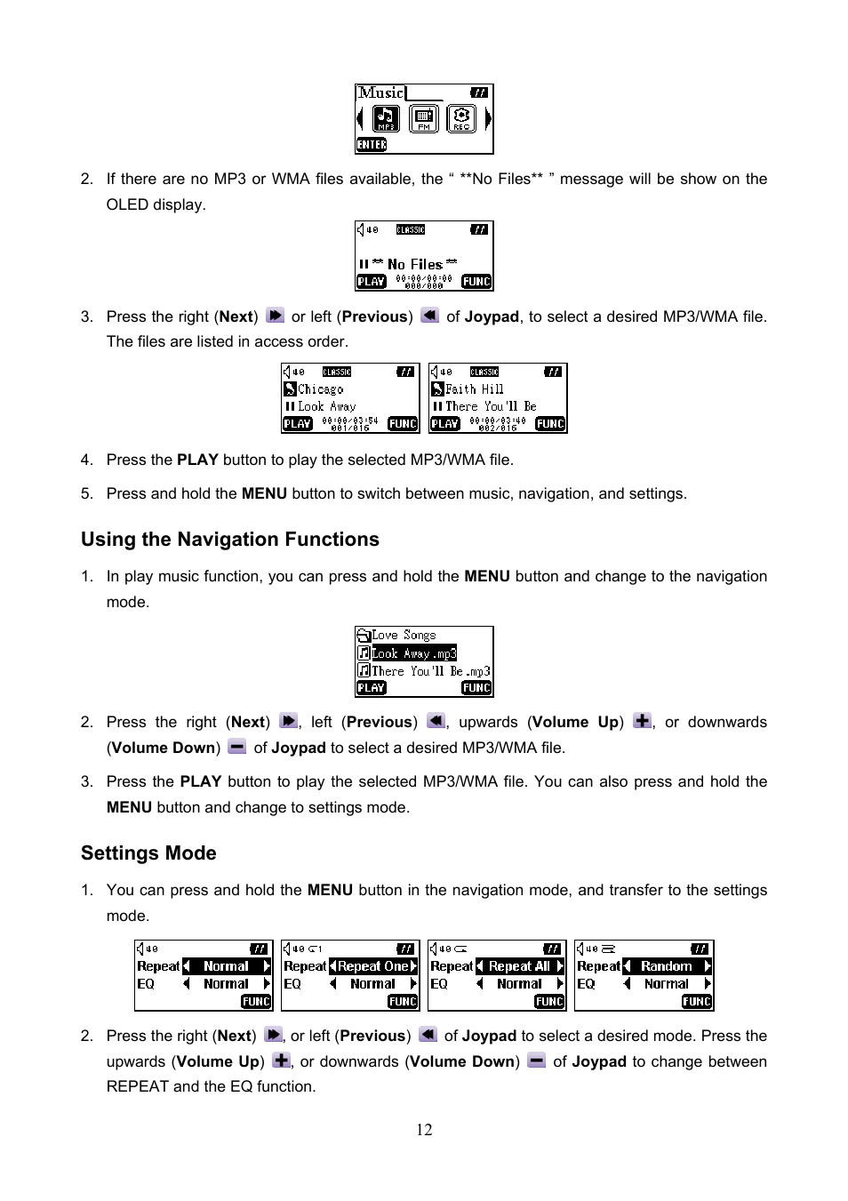 Using the navigation functions settings mode, Using the navigation functions, Settings mode | Transcend Information T.sonicTM 612 User Manual | Page 15 / 39