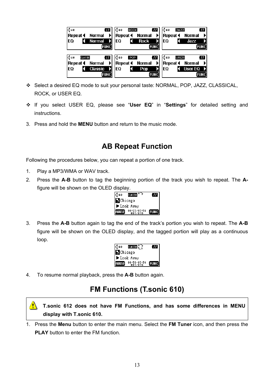 Ab repeat functions, Fm functions (t.sonic 610), Ab repeat function | Transcend Information T.sonicTM 612 User Manual | Page 16 / 39