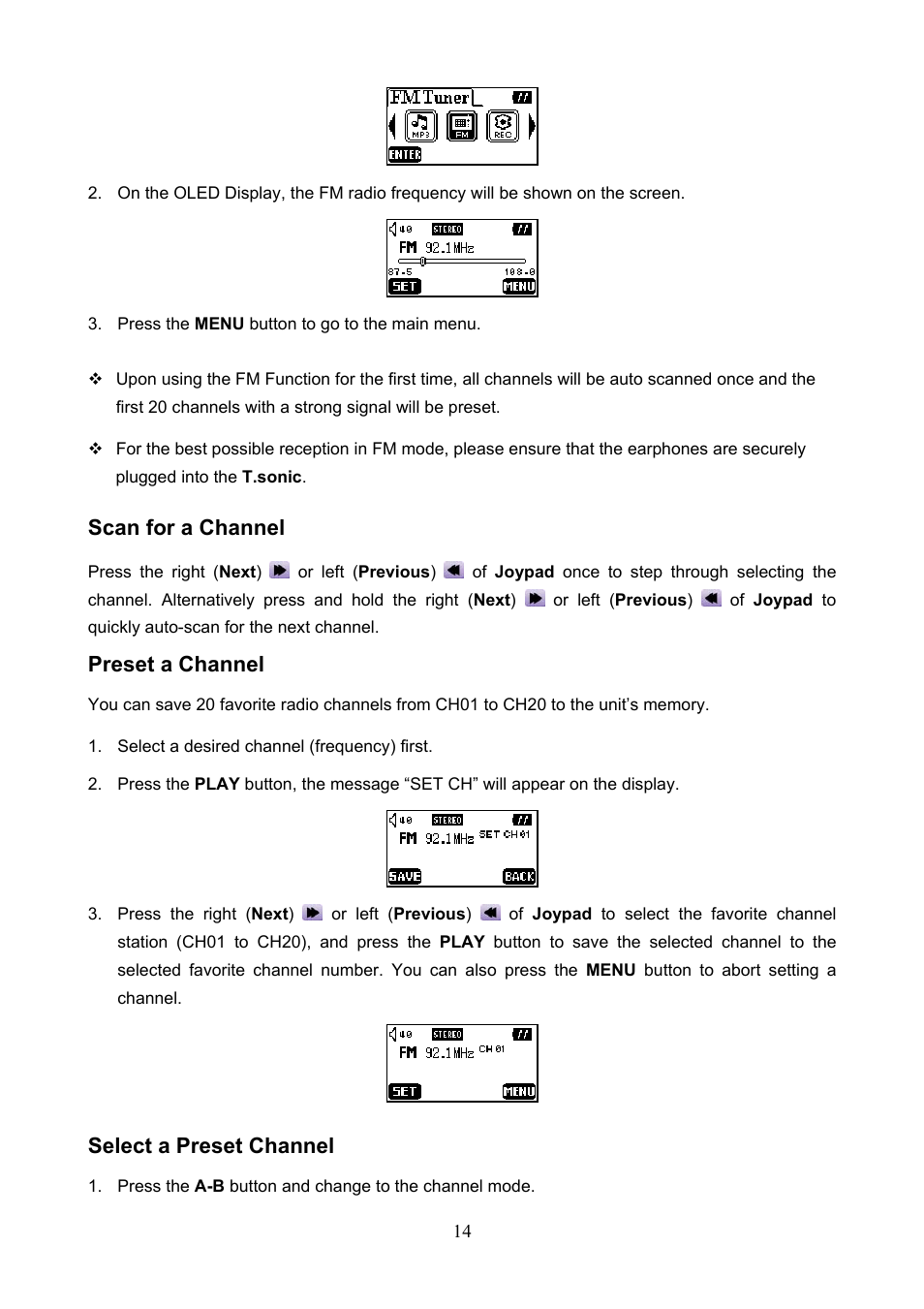 Scan for a channel, Preset a channel, Select a preset channel | Transcend Information T.sonicTM 612 User Manual | Page 17 / 39