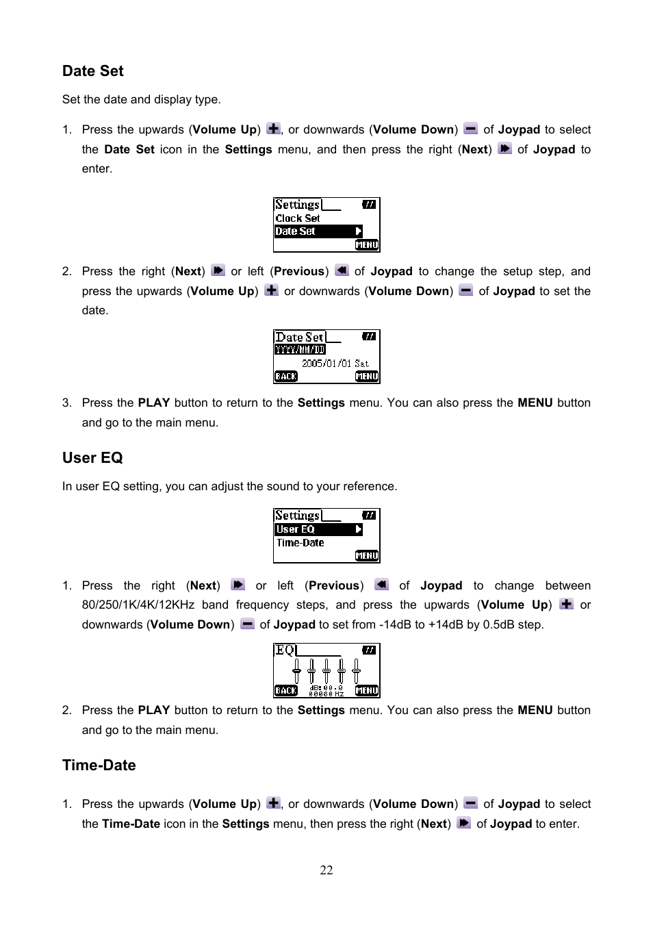 Date set user eq time-date, Date set, User eq | Time-date | Transcend Information T.sonicTM 612 User Manual | Page 25 / 39