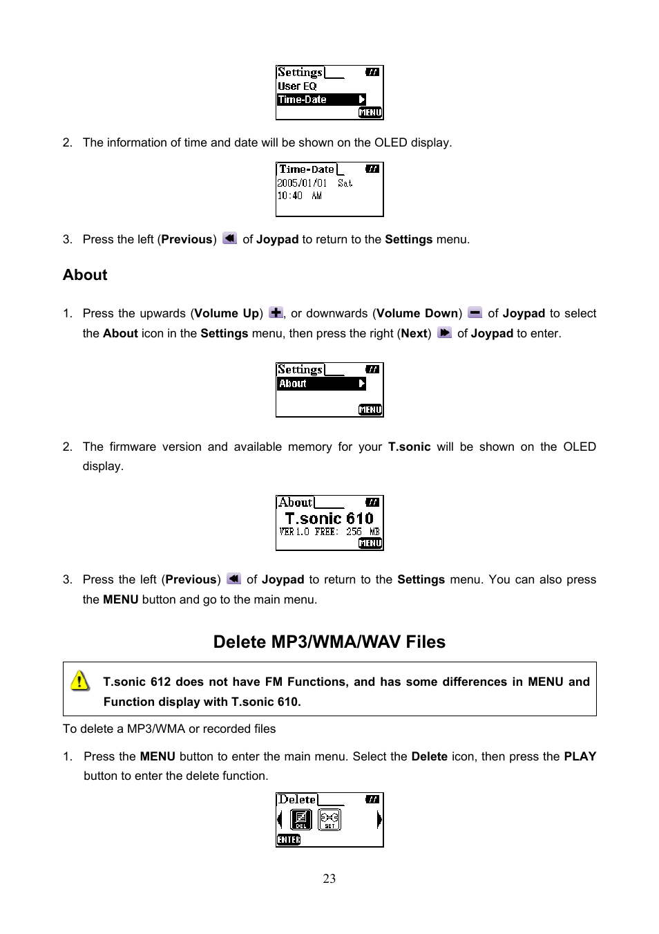 About, Delete mp3/wma/wav files | Transcend Information T.sonicTM 612 User Manual | Page 26 / 39