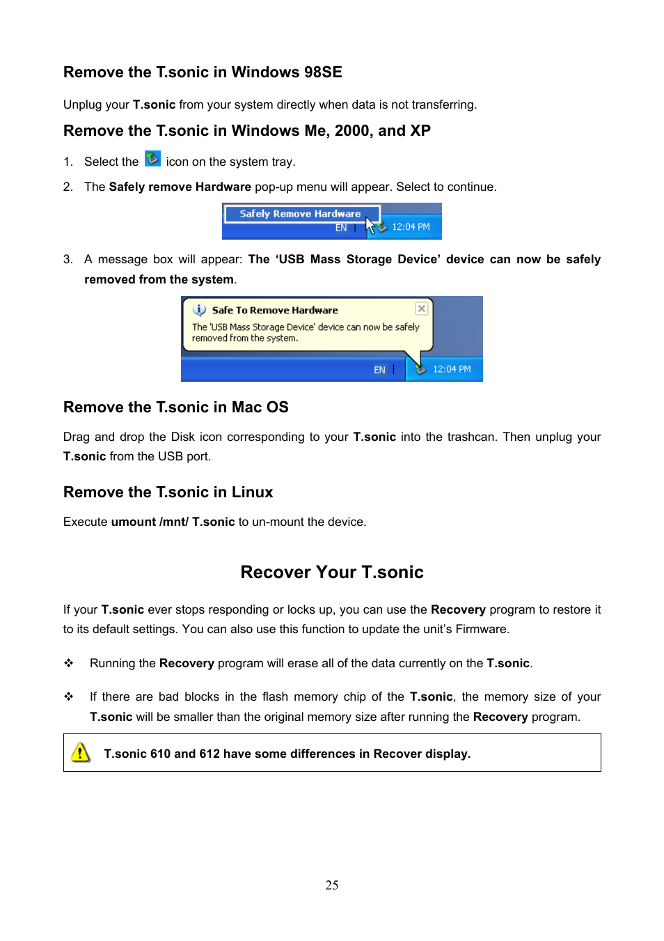 Safely remove your t.sonic, Recover your t.sonic | Transcend Information T.sonicTM 612 User Manual | Page 28 / 39