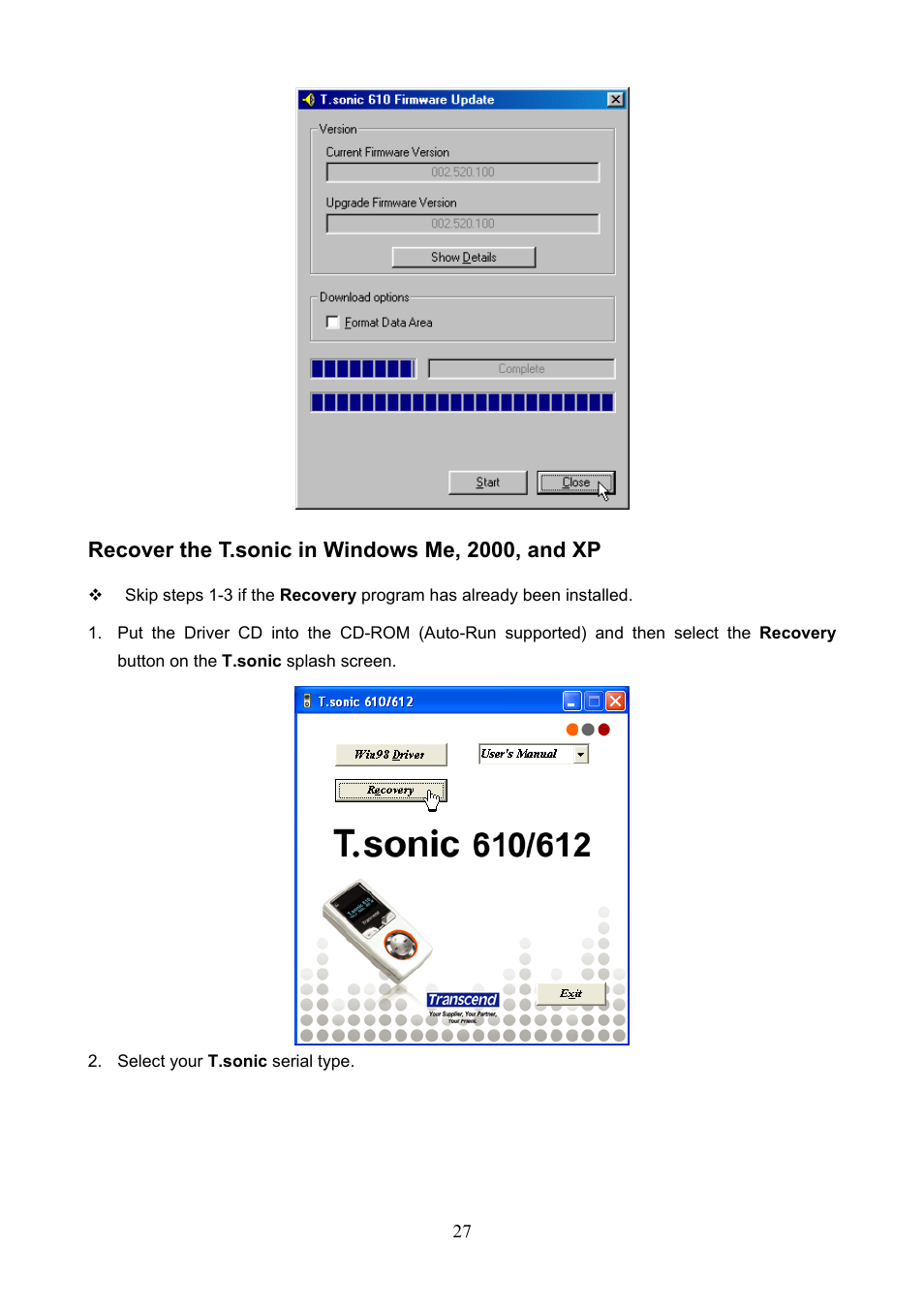 Recover the t.sonic in windows me, 2000, and xp | Transcend Information T.sonicTM 612 User Manual | Page 30 / 39