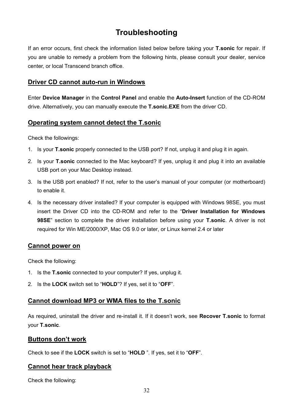 Troubleshooting | Transcend Information T.sonicTM 612 User Manual | Page 35 / 39