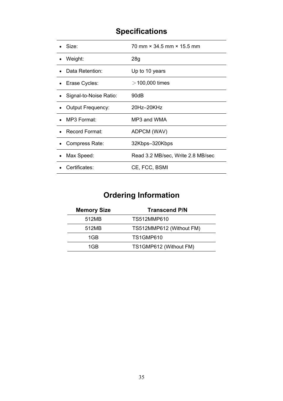 Specifications, Ordering information | Transcend Information T.sonicTM 612 User Manual | Page 38 / 39