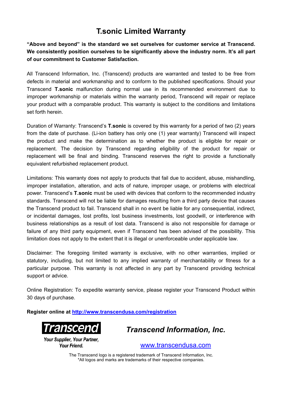 T.sonic limited warranty, Transcend information, inc | Transcend Information T.sonicTM 612 User Manual | Page 39 / 39