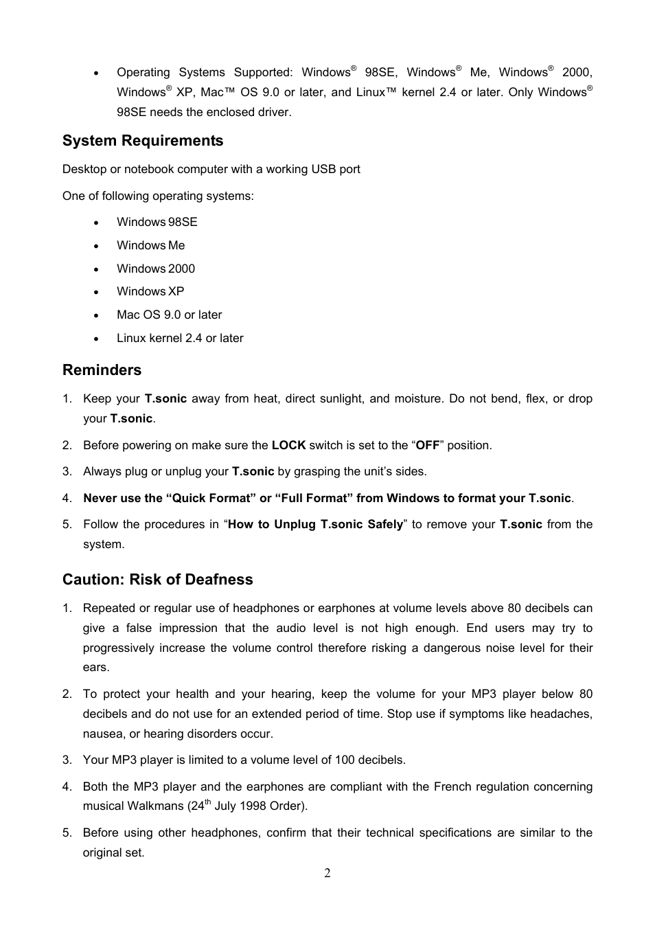 System requirements, Reminders, Caution: risk of deafness | Transcend Information T.sonicTM 612 User Manual | Page 5 / 39