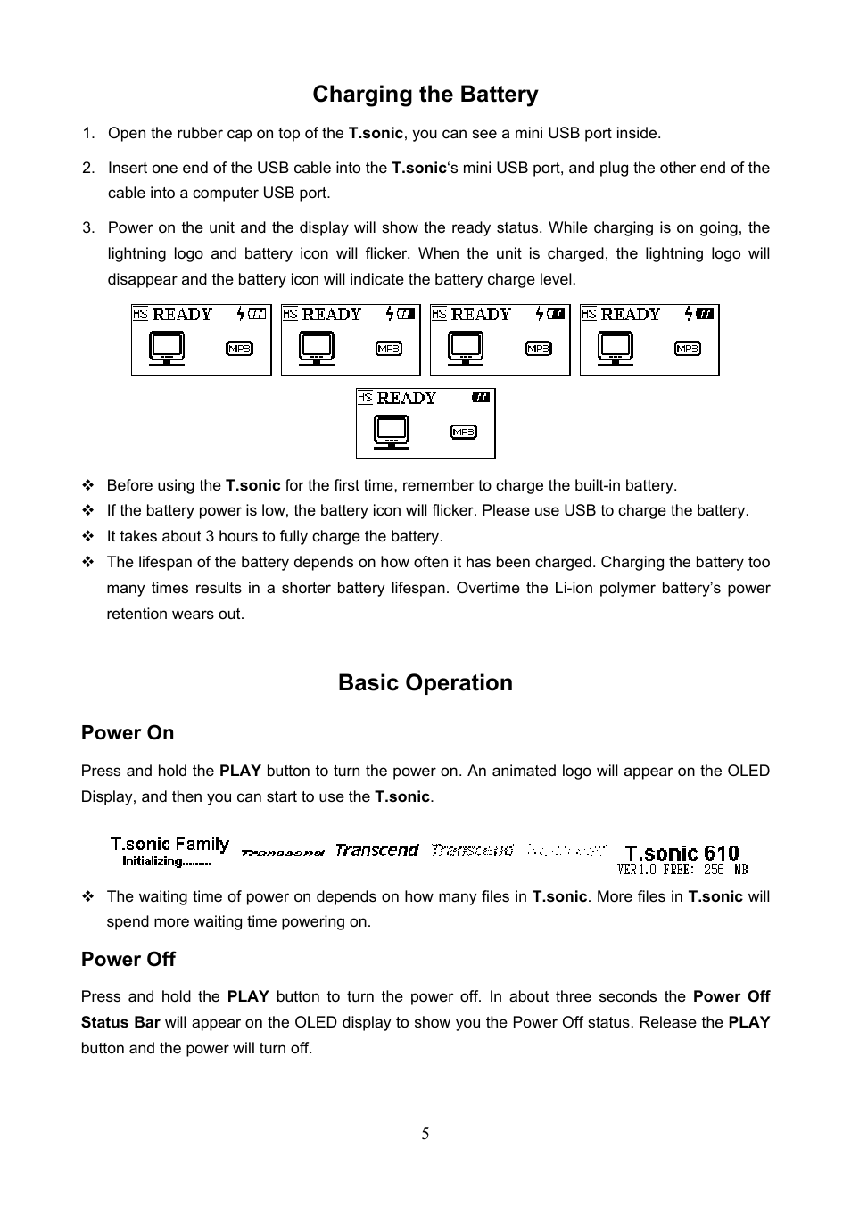 Charging the battery, Basic operation, Power on | Power off | Transcend Information T.sonicTM 612 User Manual | Page 8 / 39