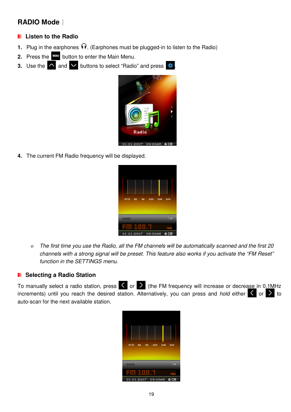 Radio mode | Transcend Information MP850 User Manual | Page 19 / 57