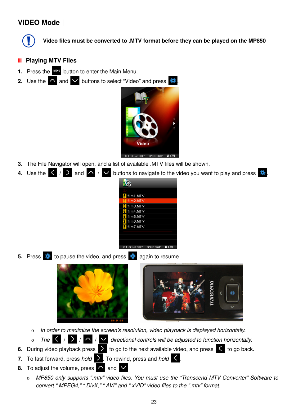 Video mode | Transcend Information MP850 User Manual | Page 23 / 57