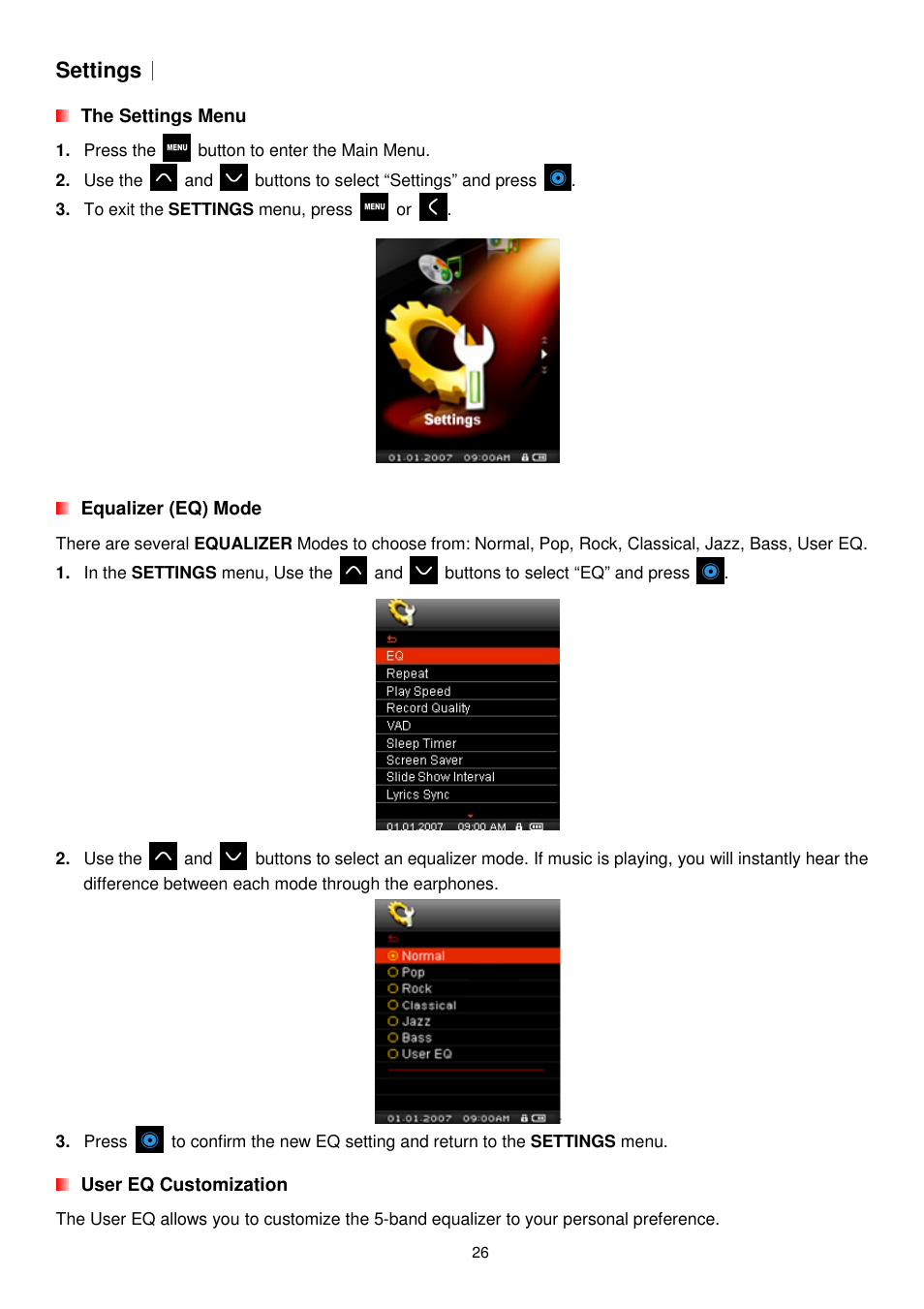 Settings | Transcend Information MP850 User Manual | Page 26 / 57