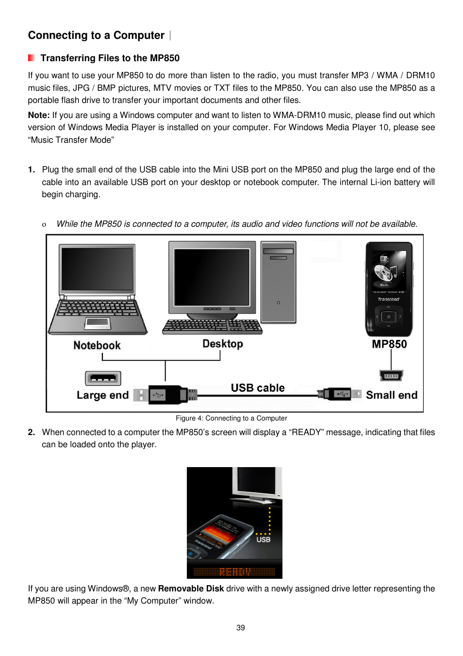 Connecting to a computer | Transcend Information MP850 User Manual | Page 39 / 57
