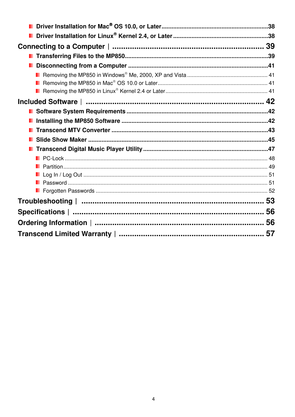 Transcend Information MP850 User Manual | Page 4 / 57