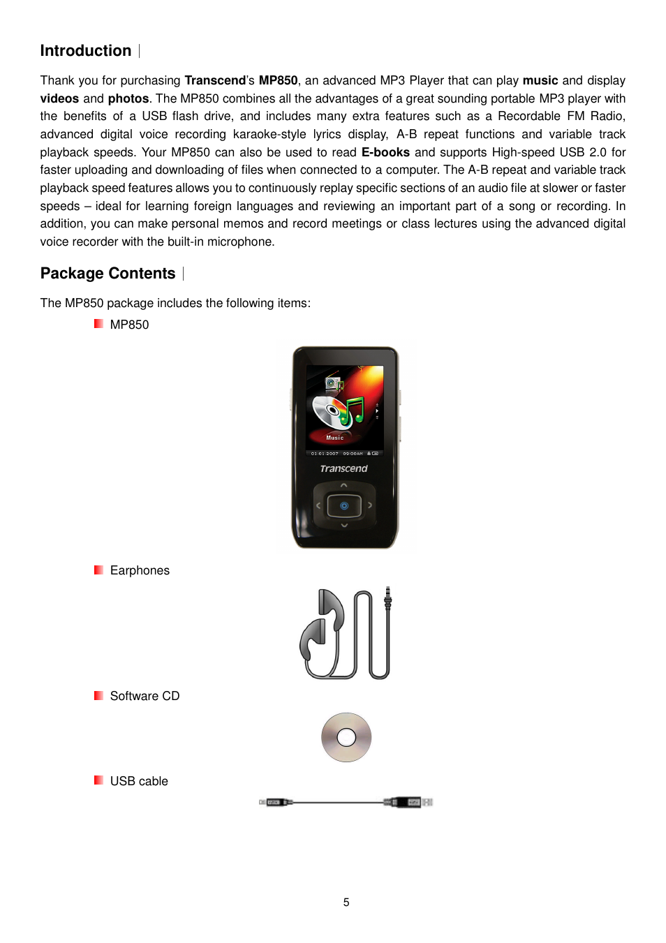 Introduction, Package contents | Transcend Information MP850 User Manual | Page 5 / 57