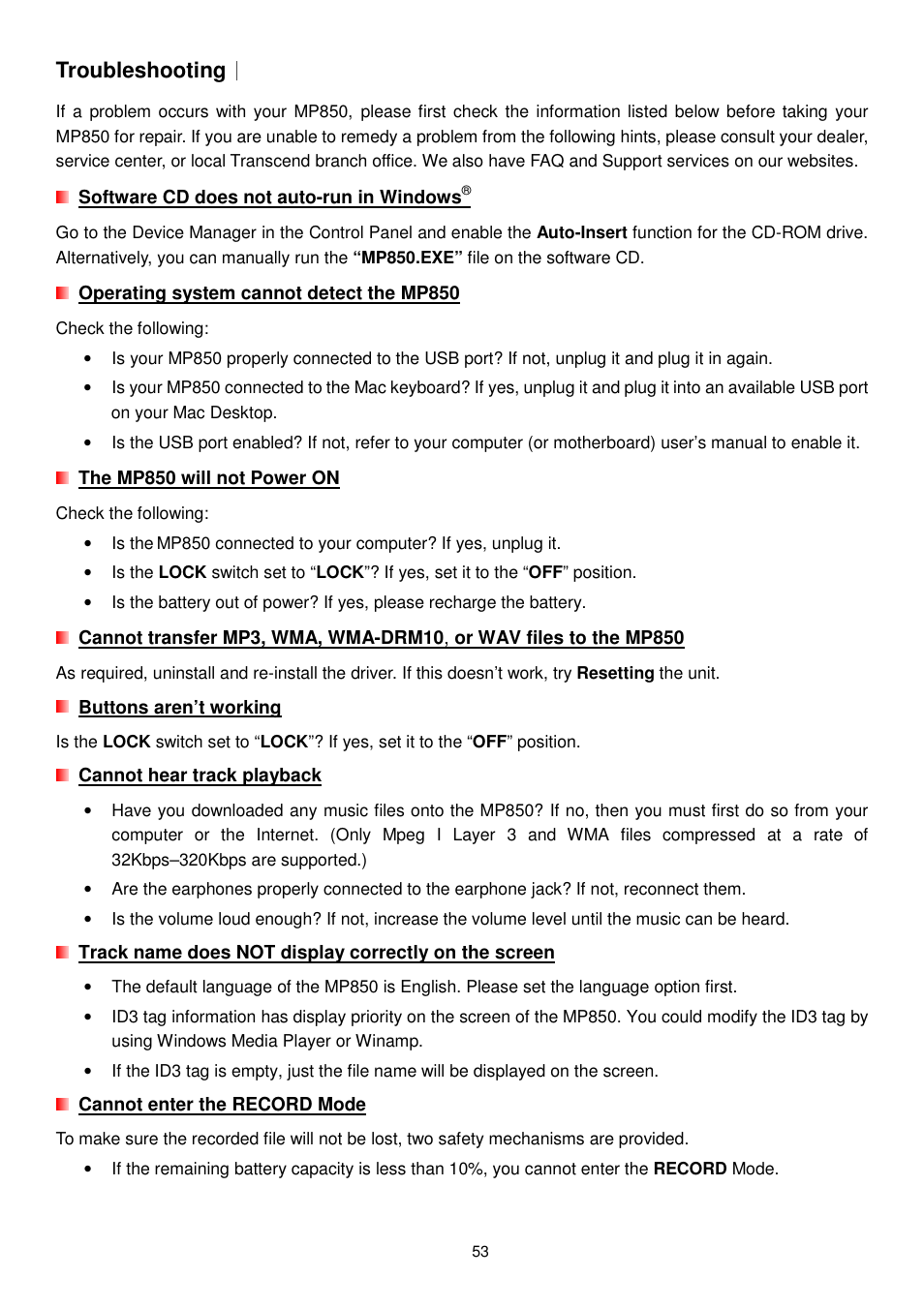 Troubleshooting | Transcend Information MP850 User Manual | Page 53 / 57