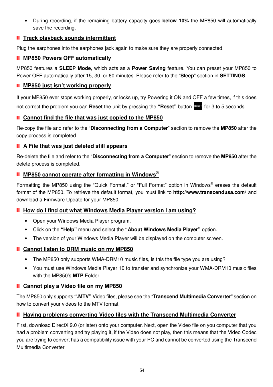 Transcend Information MP850 User Manual | Page 54 / 57