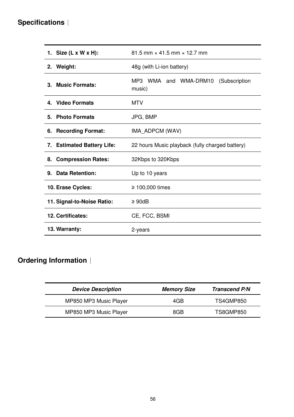 Specifications, Ordering information | Transcend Information MP850 User Manual | Page 56 / 57