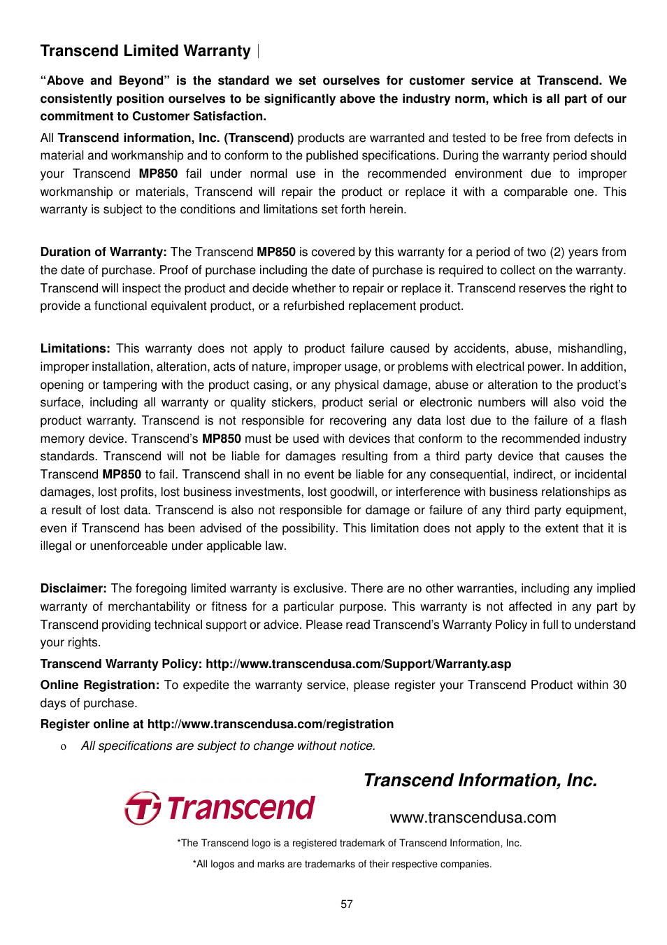 Transcend information, inc, Transcend limited warranty | Transcend Information MP850 User Manual | Page 57 / 57