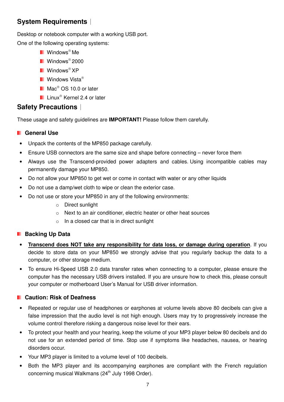 System requirements, Safety precautions | Transcend Information MP850 User Manual | Page 7 / 57