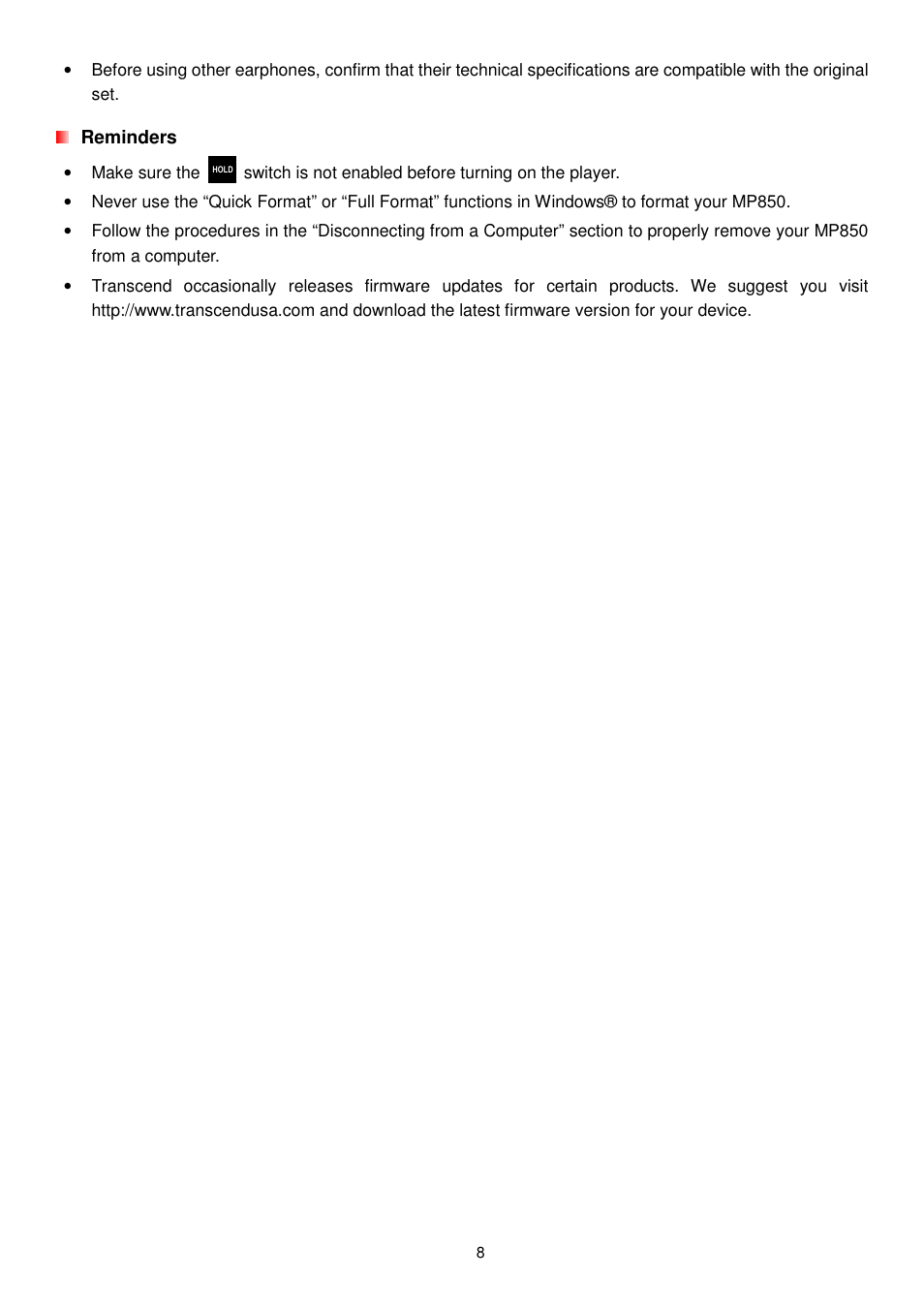 Transcend Information MP850 User Manual | Page 8 / 57