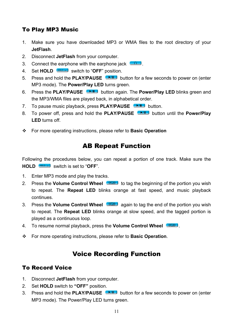 Ab repeat function, Voice recording function | Transcend Information USB JetFlash User Manual | Page 14 / 30
