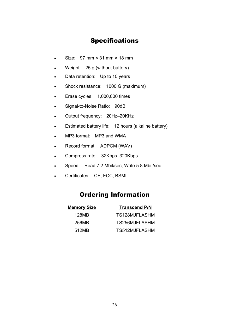 Specifications, Ordering information | Transcend Information USB JetFlash User Manual | Page 29 / 30