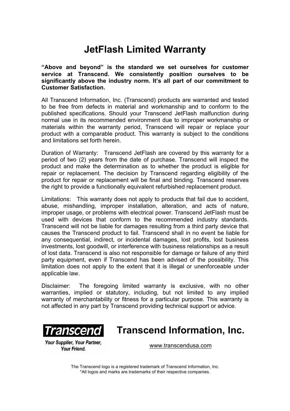 Jetflash limited warranty, Transcend information, inc | Transcend Information USB JetFlash User Manual | Page 30 / 30