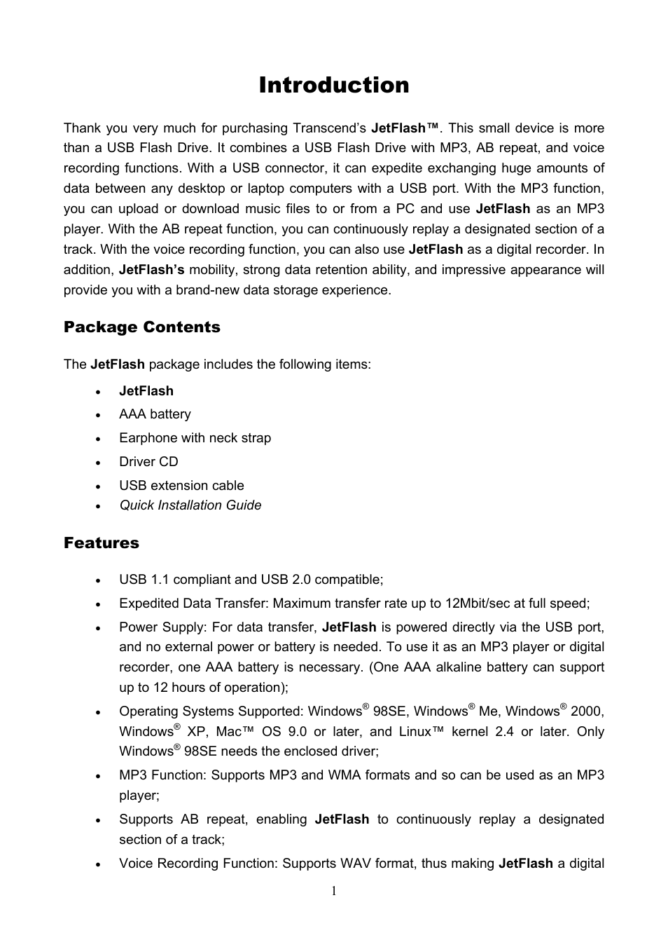 Introduction, Package contents, Features | Transcend Information USB JetFlash User Manual | Page 4 / 30