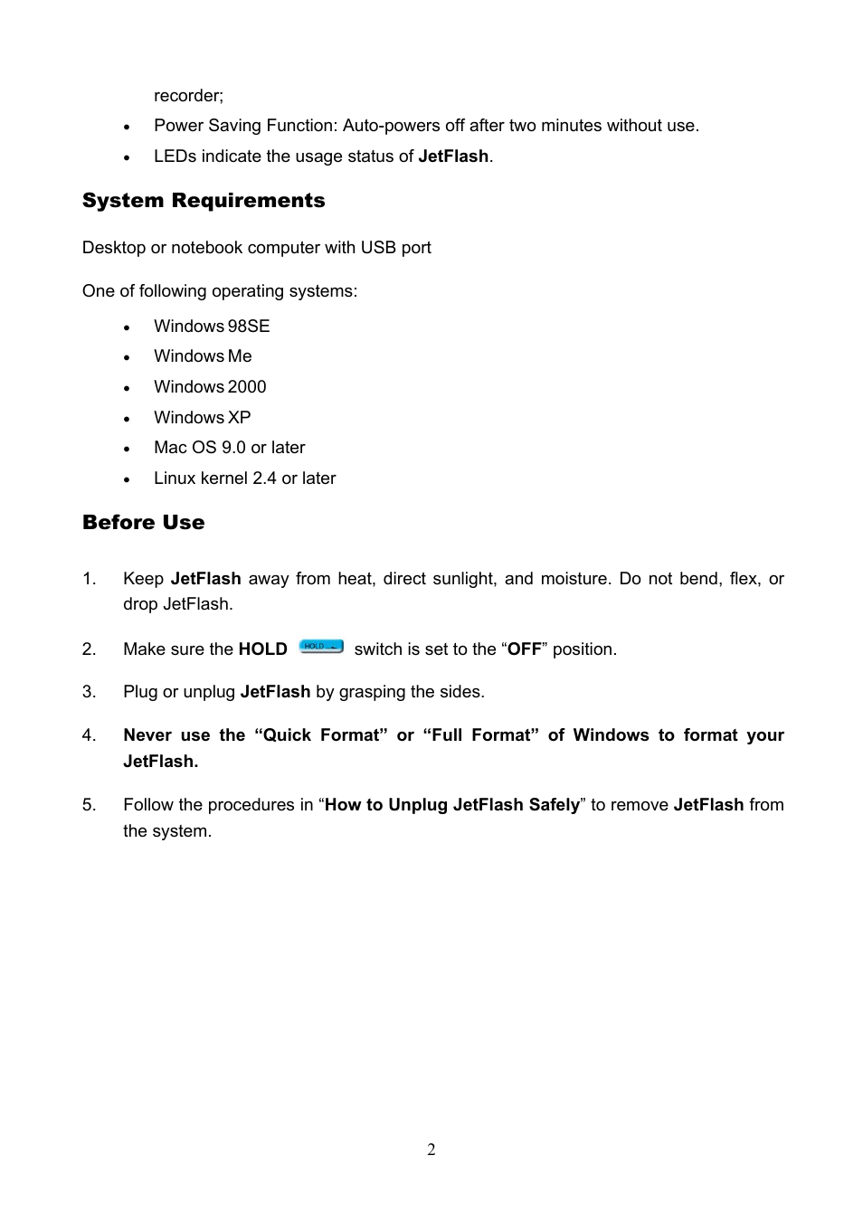 System requirements, Before use | Transcend Information USB JetFlash User Manual | Page 5 / 30