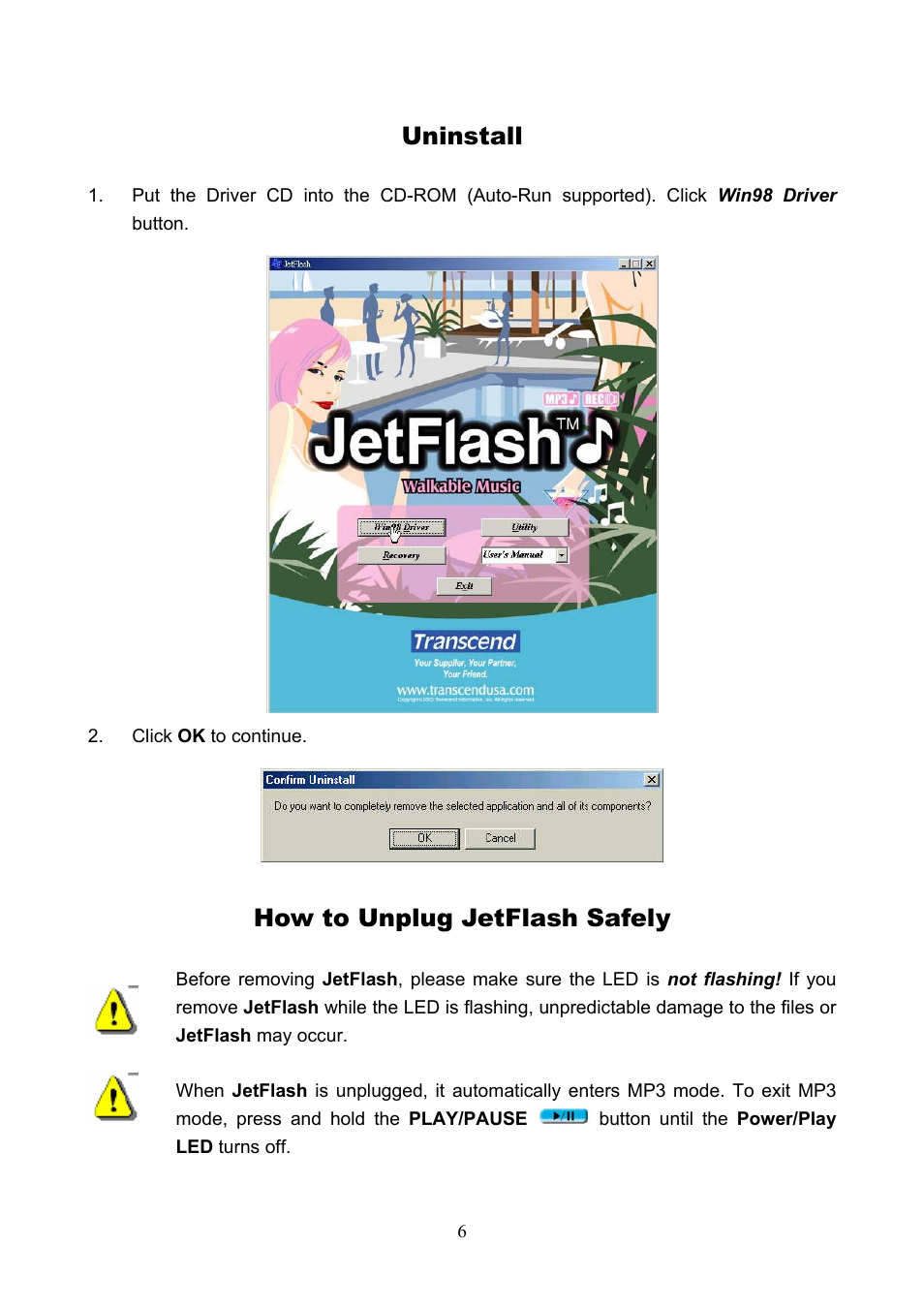 Uninstall, How to unplug jetflash safely | Transcend Information USB JetFlash User Manual | Page 9 / 30